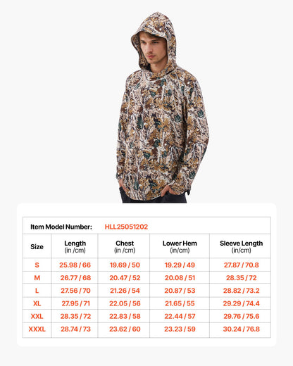Camo Hoodie, XX-Large Size, Men Pullover Hooded Sweatshirt, Moisture Wicking & Breathable, Quick-dry, Hiking Fishing Shirt with Hood, Long Sleeves Hunting Shirts for Spring & Summer Outdoor Work