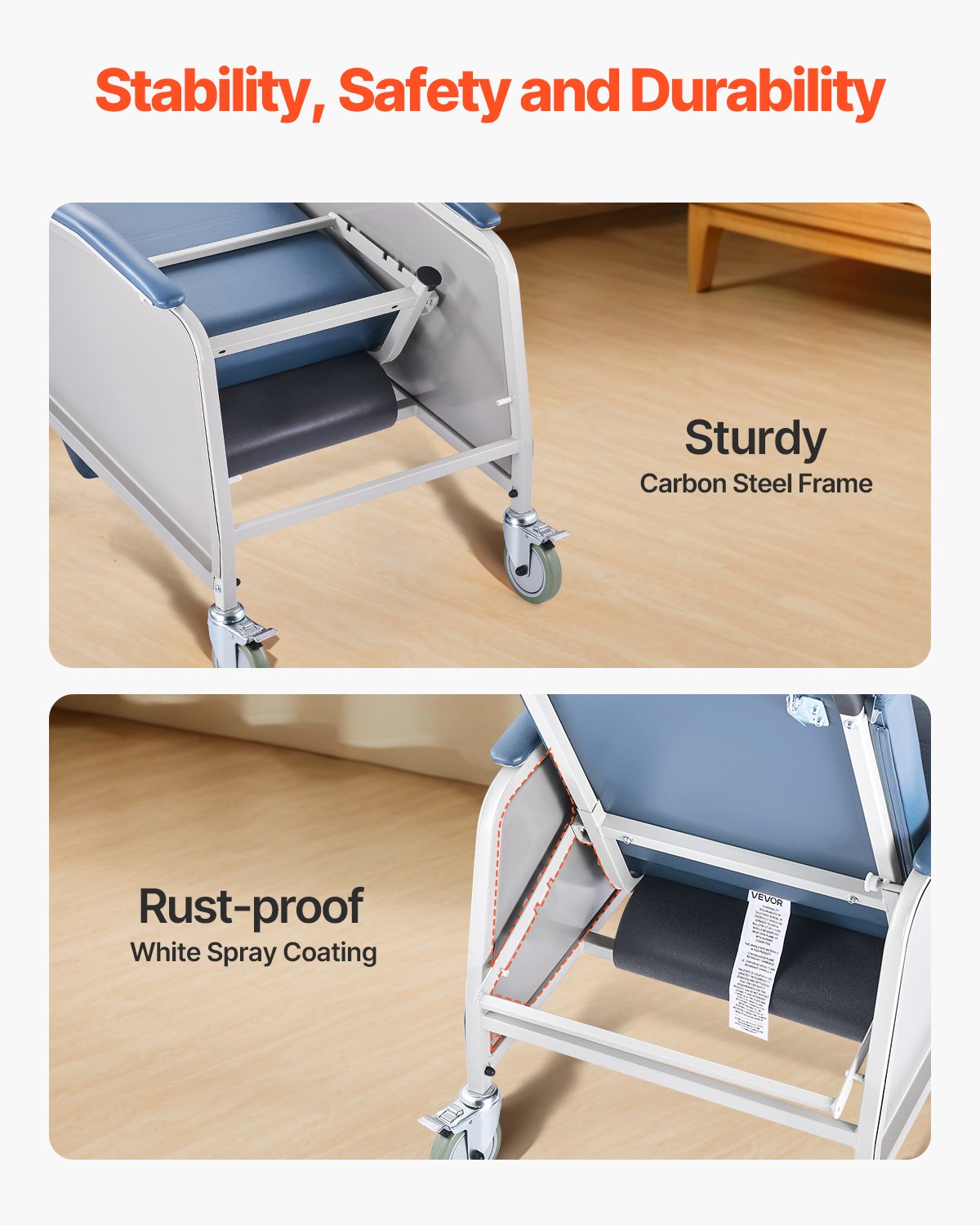 Geri Chair vilfåtölj, 3-positions vilfåtölj, rörliga medicinska vilfåtöljer med 4 hjul, mjukt stoppad sits och avtagbar bricka, perfekt för sjukhus, vårdhem och geriatrisk hemsjukvård