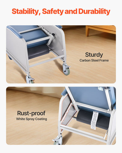 Geri Chair vilfåtölj, 3-positions vilfåtölj, rörliga medicinska vilfåtöljer med 4 hjul, mjukt stoppad sits och avtagbar bricka, perfekt för sjukhus, vårdhem och geriatrisk hemsjukvård