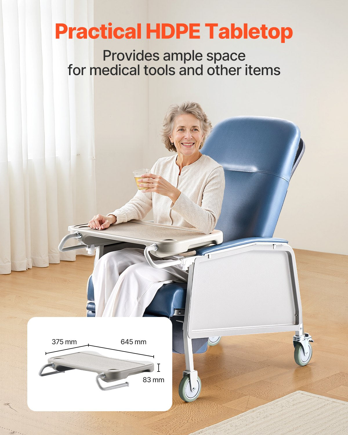 Geri Chair vilfåtölj, 3-positions vilfåtölj, rörliga medicinska vilfåtöljer med 4 hjul, mjukt stoppad sits och avtagbar bricka, perfekt för sjukhus, vårdhem och geriatrisk hemsjukvård