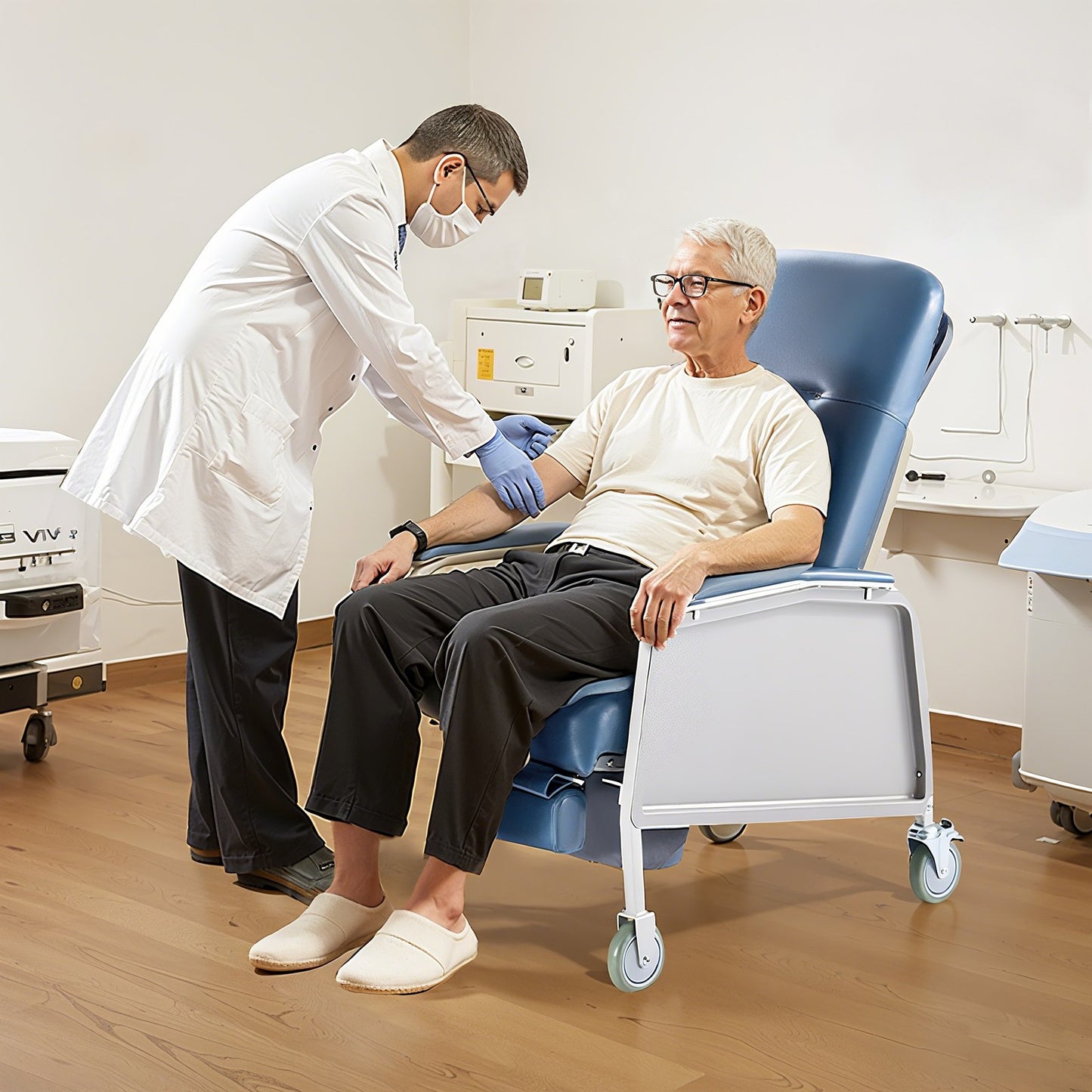 Geri Chair vilfåtölj, 3-positions vilfåtölj, rörliga medicinska vilfåtöljer med 4 hjul, mjukt stoppad sits och avtagbar bricka, perfekt för sjukhus, vårdhem och geriatrisk hemsjukvård