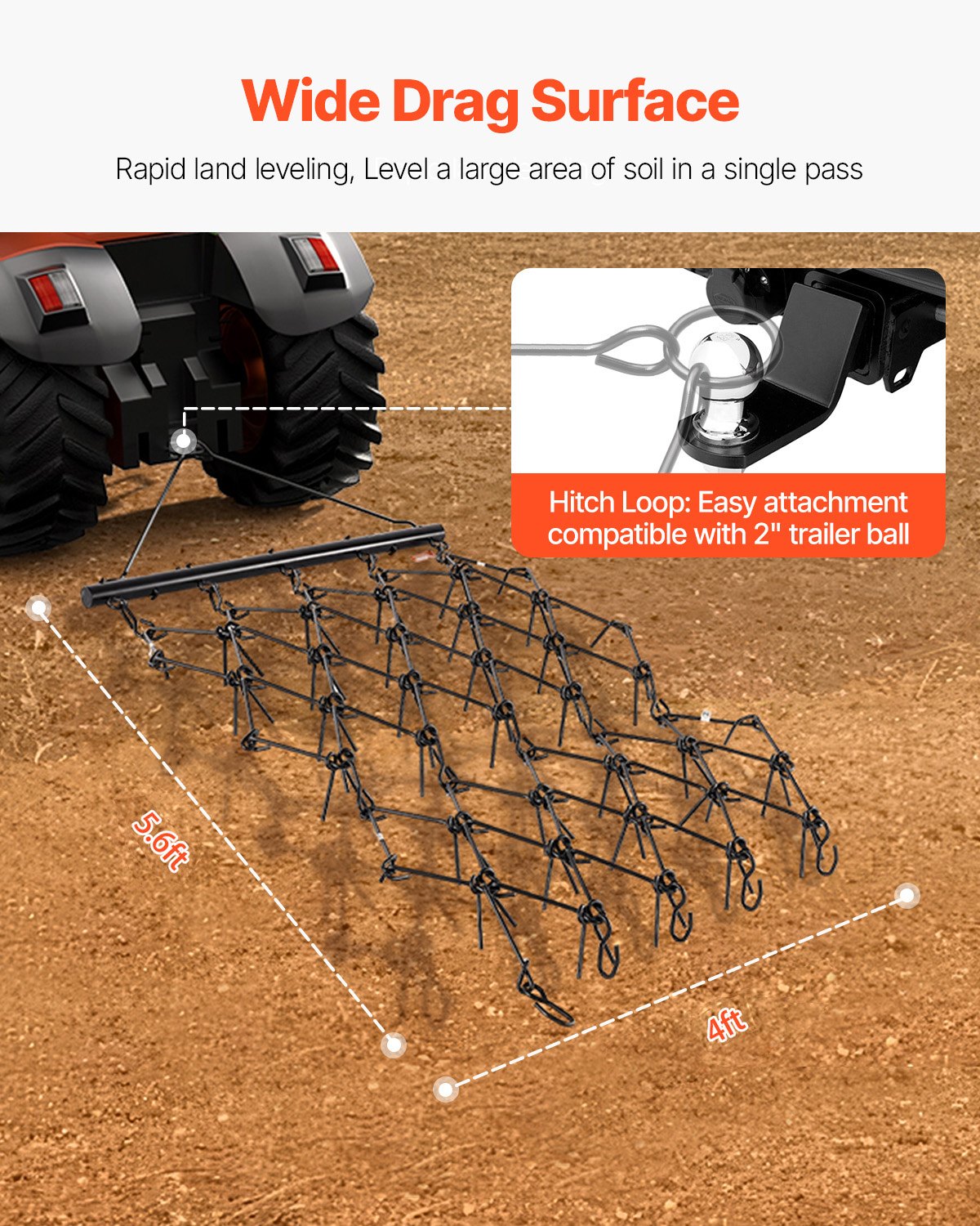 Drag Harrow, 4 ft x 5.6 ft Durable Chain Harrow with 80 Sharp Teeth, Suitable for ATV UTV Tractor, Ideal for Soil Preparation, Seeding, Smoothing Landscapes, and Yard Gravel Driveway Maintenance