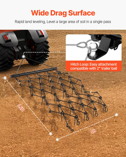 Drag Harrow, 4 ft x 5.6 ft Durable Chain Harrow with 80 Sharp Teeth, Suitable for ATV UTV Tractor, Ideal for Soil Preparation, Seeding, Smoothing Landscapes, and Yard Gravel Driveway Maintenance