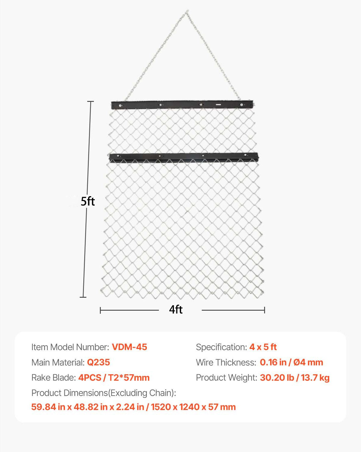 Drag Harrow, 4 x 5 ft Chain Harrow - Made from Q235 Steel, UTV Tractor Attachments for Landscape Leveling or Sod Prepping, Durable Harrow Rake for Gravel Driveway, Farm Field Garden Black