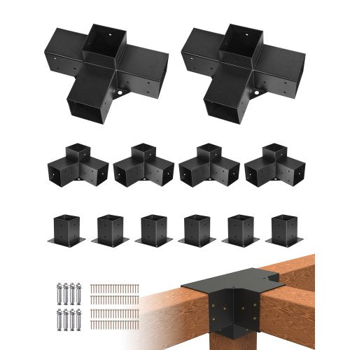 Pergola Kit, 4x4 Inch Pergola Brackets for 92 x 92 mm Wood Beams in Actual Dimension, 3-Way (4 Pcs) and 4-Way (2 Pcs) Gazebo Brackets with 6 Post Bases, for Outdoor Pergolas, Gazebos, Sheds