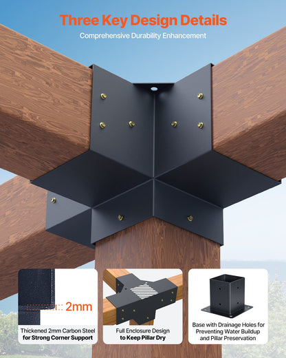 Pergola Kit, 4x4 Inch Pergola Brackets for 92 x 92 mm Wood Beams in Actual Dimension, 3-Way (4 Pcs) and 4-Way (2 Pcs) Gazebo Brackets with 6 Post Bases, for Outdoor Pergolas, Gazebos, Sheds
