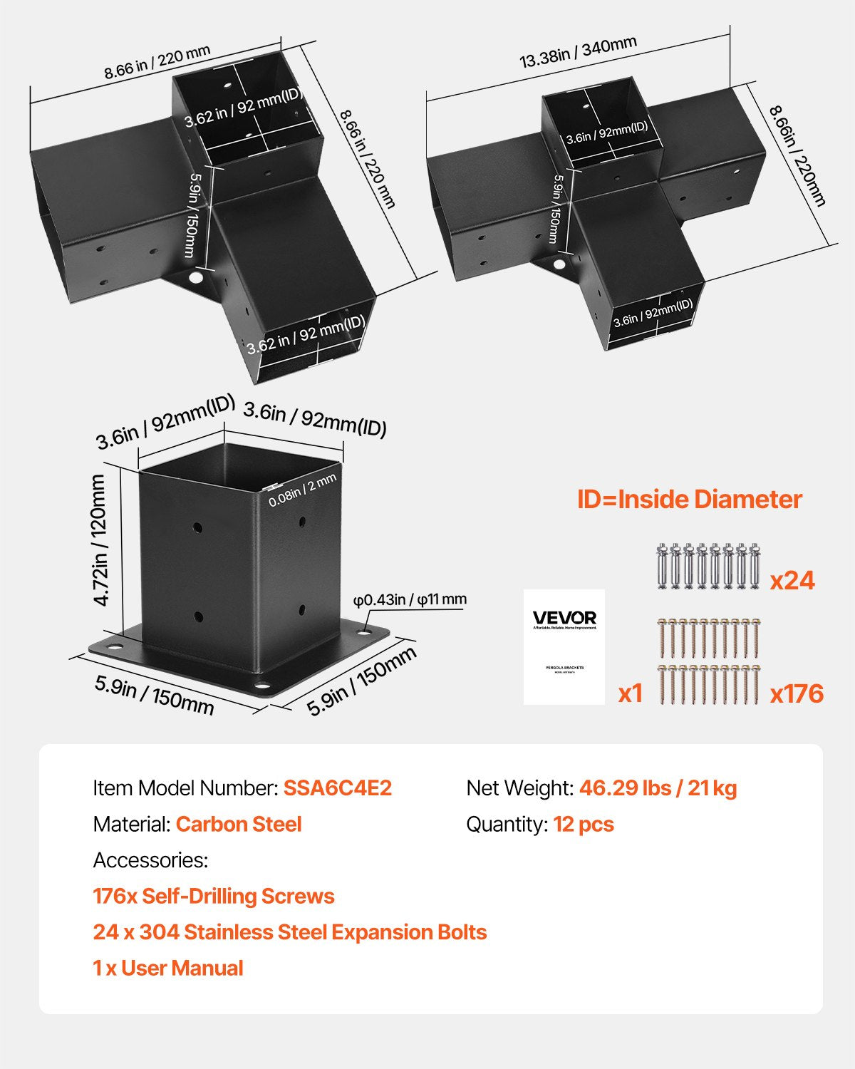 Pergola Kit, 4x4 Inch Pergola Brackets for 92 x 92 mm Wood Beams in Actual Dimension, 3-Way (4 Pcs) and 4-Way (2 Pcs) Gazebo Brackets with 6 Post Bases, for Outdoor Pergolas, Gazebos, Sheds