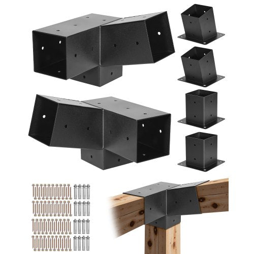 Pergola Kit, 4x4 Inch 3-Way Slanted Brackets for 92 x 92 mm Wood Beams in Actual Size, 2-Pack Pergola Brackets with 2 Post Bases and 2 Wall Mount Bases, for Outdoor Pergolas, Gazebos, Sheds
