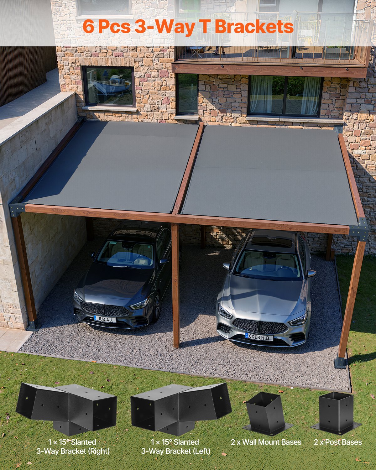 Pergola Kit, 4x4 Inch 3-Way Slanted Brackets for 92 x 92 mm Wood Beams in Actual Size, 2-Pack Pergola Brackets with 2 Post Bases and 2 Wall Mount Bases, for Outdoor Pergolas, Gazebos, Sheds