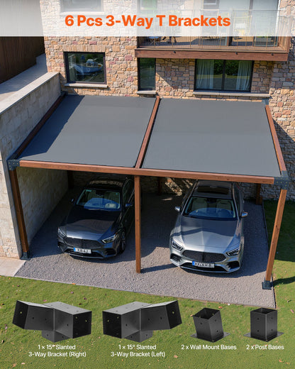 Pergola Kit, 4x4 Inch 3-Way Slanted Brackets for 92 x 92 mm Wood Beams in Actual Size, 2-Pack Pergola Brackets with 2 Post Bases and 2 Wall Mount Bases, for Outdoor Pergolas, Gazebos, Sheds