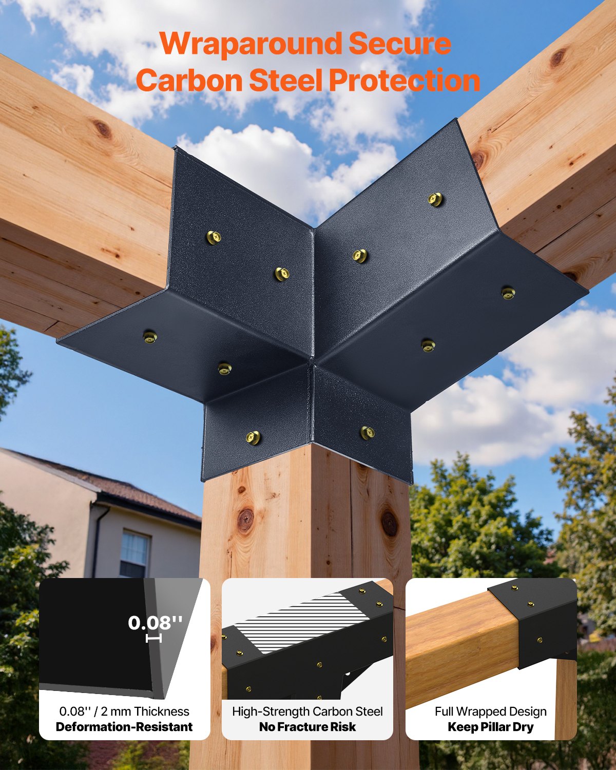 Pergola Kit, 4x4 Inch 3-Way Slanted Brackets for 92 x 92 mm Wood Beams in Actual Size, 2-Pack Pergola Brackets with 2 Post Bases and 2 Wall Mount Bases, for Outdoor Pergolas, Gazebos, Sheds