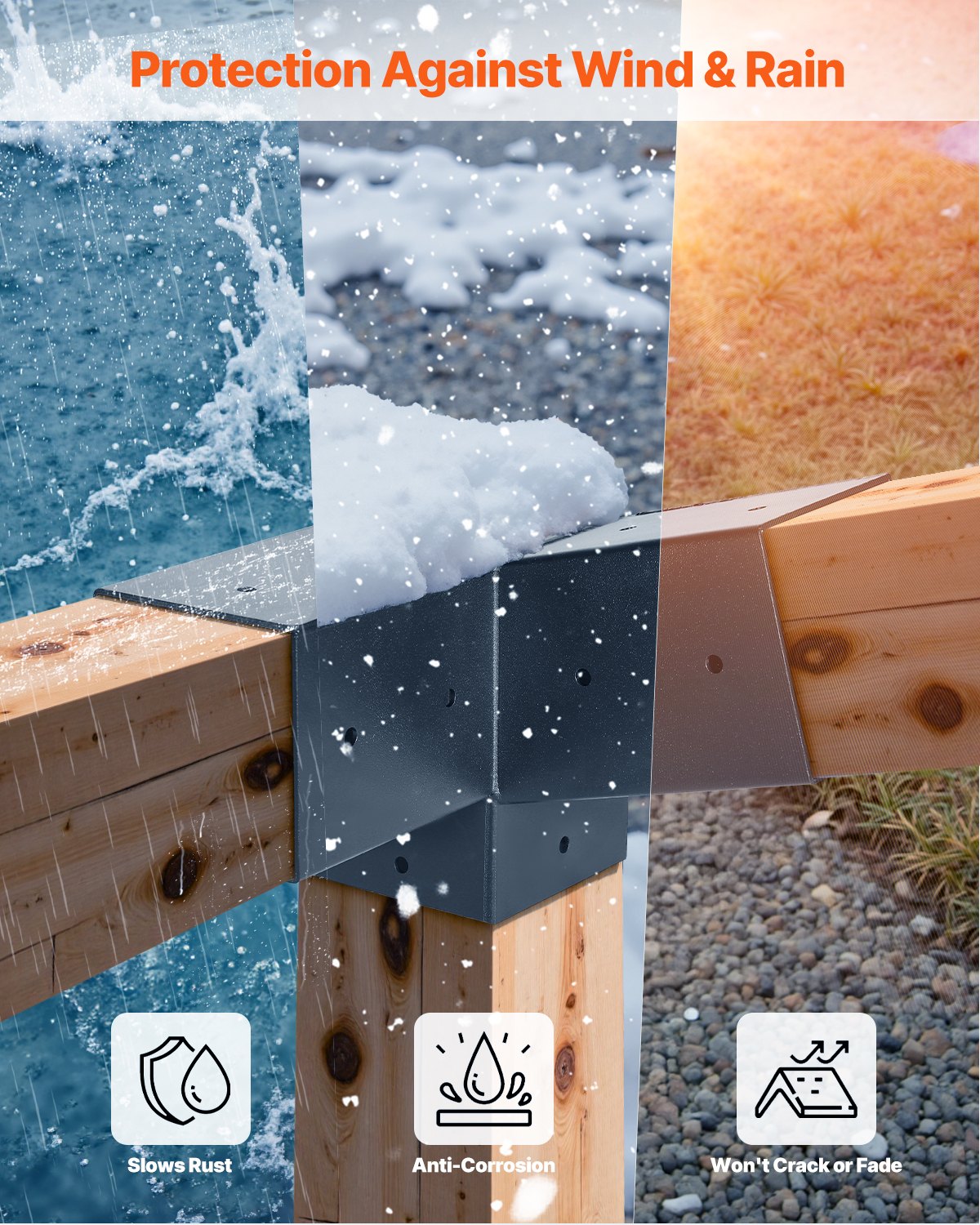 Pergola Kit, 4x4 Inch 3-Way Slanted Brackets for 92 x 92 mm Wood Beams in Actual Size, 2-Pack Pergola Brackets with 2 Post Bases and 2 Wall Mount Bases, for Outdoor Pergolas, Gazebos, Sheds