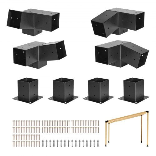 Pergola Kit, 4x4 Inch 3-Way Slanted Bracket for 92 x 92 mm Wood Beams in Actual Size, Carbon Steel Pergola Bracket with Screws and Post Bases, for Outdoor Wood Pergolas, Gazebos, Sheds, 8 Pcs