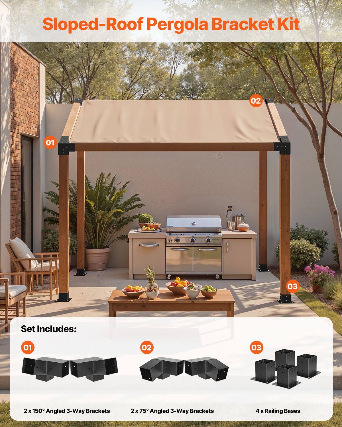 Pergola Kit, 4x4 Inch 3-Way Slanted Bracket for 92 x 92 mm Wood Beams in Actual Size, Carbon Steel Pergola Bracket with Screws and Post Bases, for Outdoor Wood Pergolas, Gazebos, Sheds, 8 Pcs