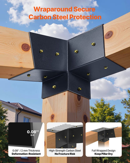 Pergola Kit, 4x4 Inch 3-Way Slanted Bracket for 92 x 92 mm Wood Beams in Actual Size, Carbon Steel Pergola Bracket with Screws and Post Bases, for Outdoor Wood Pergolas, Gazebos, Sheds, 8 Pcs