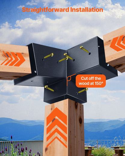 Pergola Kit, 4x4 Inch 3-Way Slanted Bracket for 92 x 92 mm Wood Beams in Actual Size, Carbon Steel Pergola Bracket with Screws and Post Bases, for Outdoor Wood Pergolas, Gazebos, Sheds, 8 Pcs