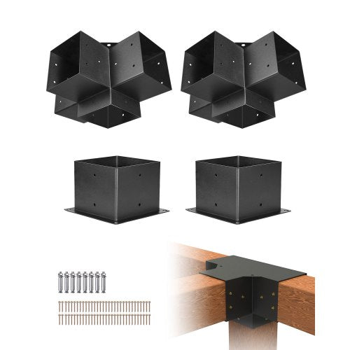 Pergola Bracket Kit, 6x6 Inch (Inner Size 142 x 142 mm), 2 Pcs 4-Way Heavy Duty Corner Bracket Woodworks DIY Post Base Kit, Easy Installation Wooden Beams for Gazebos, Patio Pergolas, Log Cabin