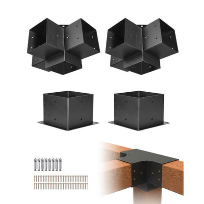 Pergola Bracket Kit, 6x6 Inch (Inner Size 142 x 142 mm), 2 Pcs 4-Way Heavy Duty Corner Bracket Woodworks DIY Post Base Kit, Easy Installation Wooden Beams for Gazebos, Patio Pergolas, Log Cabin