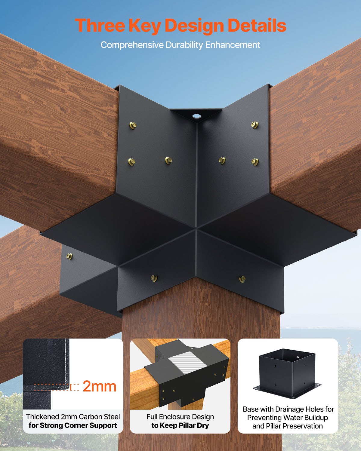 Pergola Bracket Kit, 6x6 Inch (Inner Size 142 x 142 mm), 2 Pcs 4-Way Heavy Duty Corner Bracket Woodworks DIY Post Base Kit, Easy Installation Wooden Beams for Gazebos, Patio Pergolas, Log Cabin