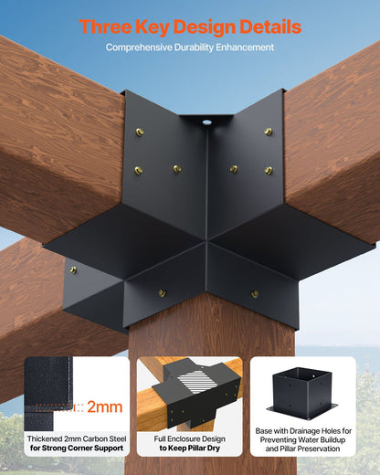 Pergola Bracket Kit, 6x6 Inch (Inner Size 142 x 142 mm), 2 Pcs 4-Way Heavy Duty Corner Bracket Woodworks DIY Post Base Kit, Easy Installation Wooden Beams for Gazebos, Patio Pergolas, Log Cabin