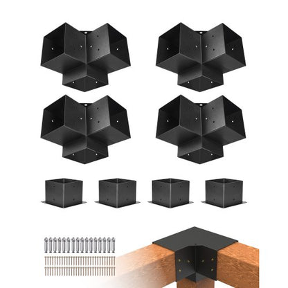 Pergola Bracket Kit, 6x6 Inch (Inner Size 142 x 142 mm), 4 Pcs 3-Way Heavy Duty Corner Bracket Woodworks DIY Post Base Kit, Easy Installation Wooden Beams for Gazebos, Patio Pergolas, Log Cabin