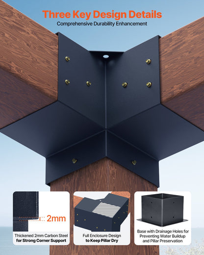 Pergola Bracket Kit, 6x6 Inch (Inner Size 142 x 142 mm), 4 Pcs 3-Way Heavy Duty Corner Bracket Woodworks DIY Post Base Kit, Easy Installation Wooden Beams for Gazebos, Patio Pergolas, Log Cabin