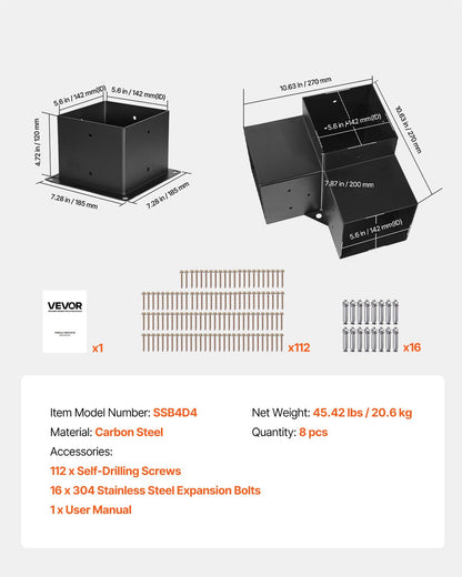 Pergola Bracket Kit, 6x6 Inch (Inner Size 142 x 142 mm), 4 Pcs 3-Way Heavy Duty Corner Bracket Woodworks DIY Post Base Kit, Easy Installation Wooden Beams for Gazebos, Patio Pergolas, Log Cabin