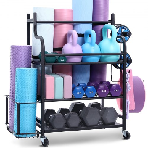 Förvaringsställ för yogamattor, organisatör för hemmagym, hållare för yogamattor i pulverlackerad stålfinish med krokar och hjul, viktställ för hantel, kettlebell, skumrulle och yogarem