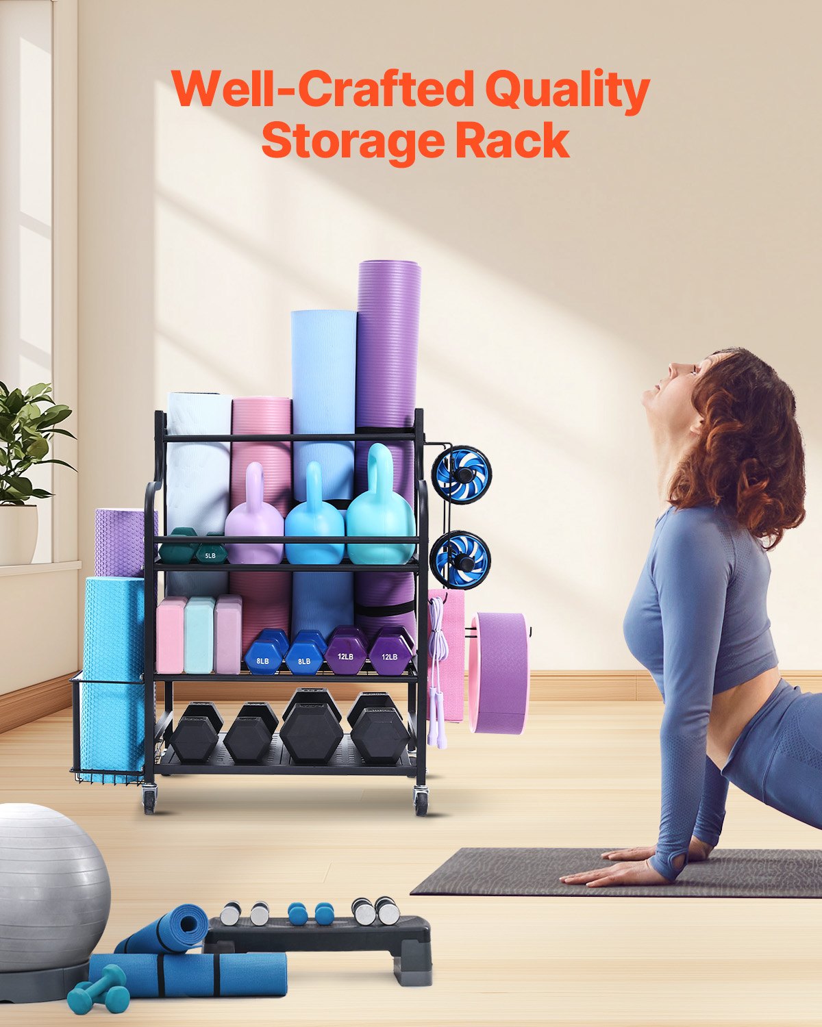 Förvaringsställ för yogamattor, organisatör för hemmagym, hållare för yogamattor i pulverlackerad stålfinish med krokar och hjul, viktställ för hantel, kettlebell, skumrulle och yogarem