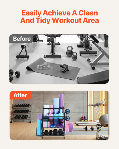 Förvaringsställ för yogamattor, organisatör för hemmagym, hållare för yogamattor i pulverlackerad stålfinish med krokar och hjul, viktställ för hantel, kettlebell, skumrulle och yogarem