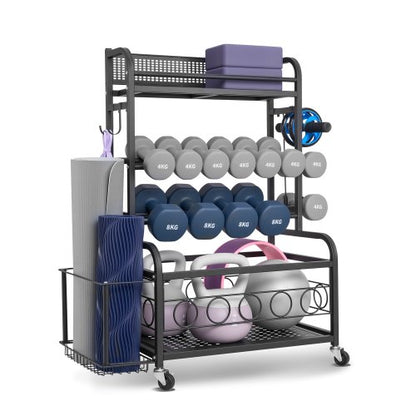 Yoga Mat Storage Rack, Home Gym Workout Equipment Organizer, Powder Coated Finish Steel Yoga Mat Holder with Hooks & Wheels, Weight Rack for Dumbbell, Kettlebell, Foam Roller, and Yoga Strap