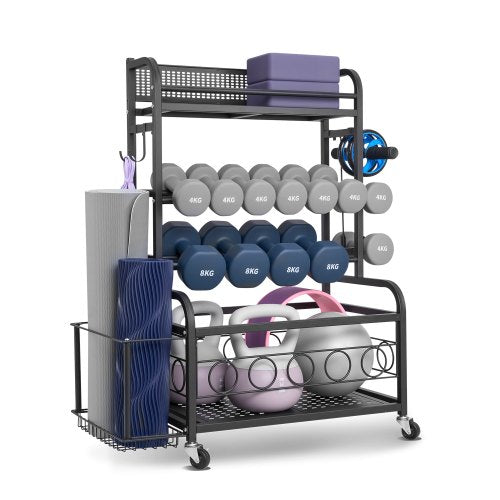 Yoga Mat Storage Rack, Home Gym Workout Equipment Organizer, Powder Coated Finish Steel Yoga Mat Holder with Hooks & Wheels, Weight Rack for Dumbbell, Kettlebell, Foam Roller, and Yoga Strap