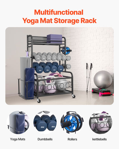 Yoga Mat Storage Rack, Home Gym Workout Equipment Organizer, Powder Coated Finish Steel Yoga Mat Holder with Hooks & Wheels, Weight Rack for Dumbbell, Kettlebell, Foam Roller, and Yoga Strap