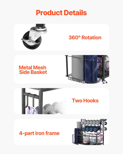 Yoga Mat Storage Rack, Home Gym Workout Equipment Organizer, Powder Coated Finish Steel Yoga Mat Holder with Hooks & Wheels, Weight Rack for Dumbbell, Kettlebell, Foam Roller, and Yoga Strap