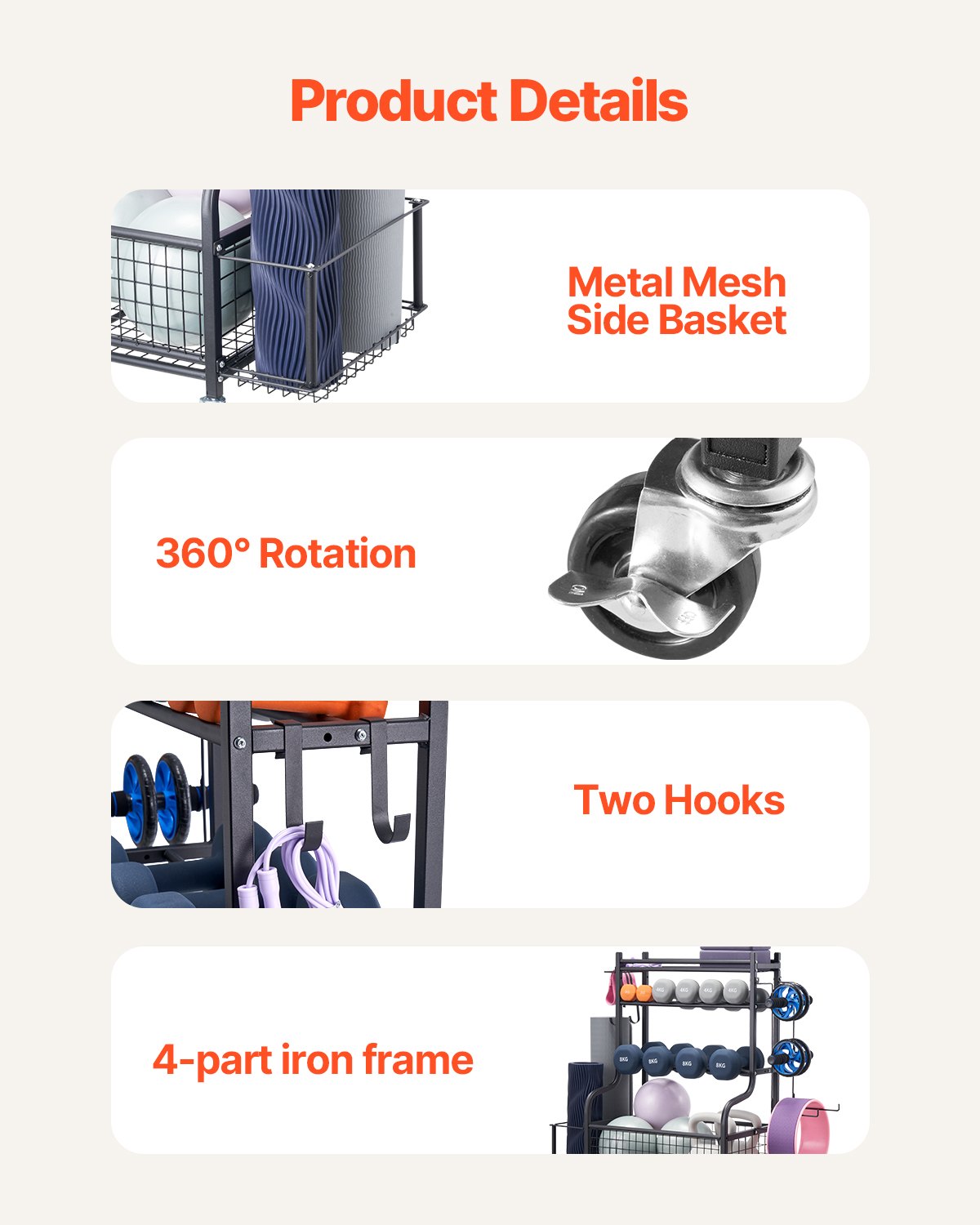 Förvaringsställ för yogamattor, pulverlackerad stålhållare för yogamattor, organisatör för hemmagym med krokar och hjul, viktställ för skumrulle, hantel, kettlebell och yogarem