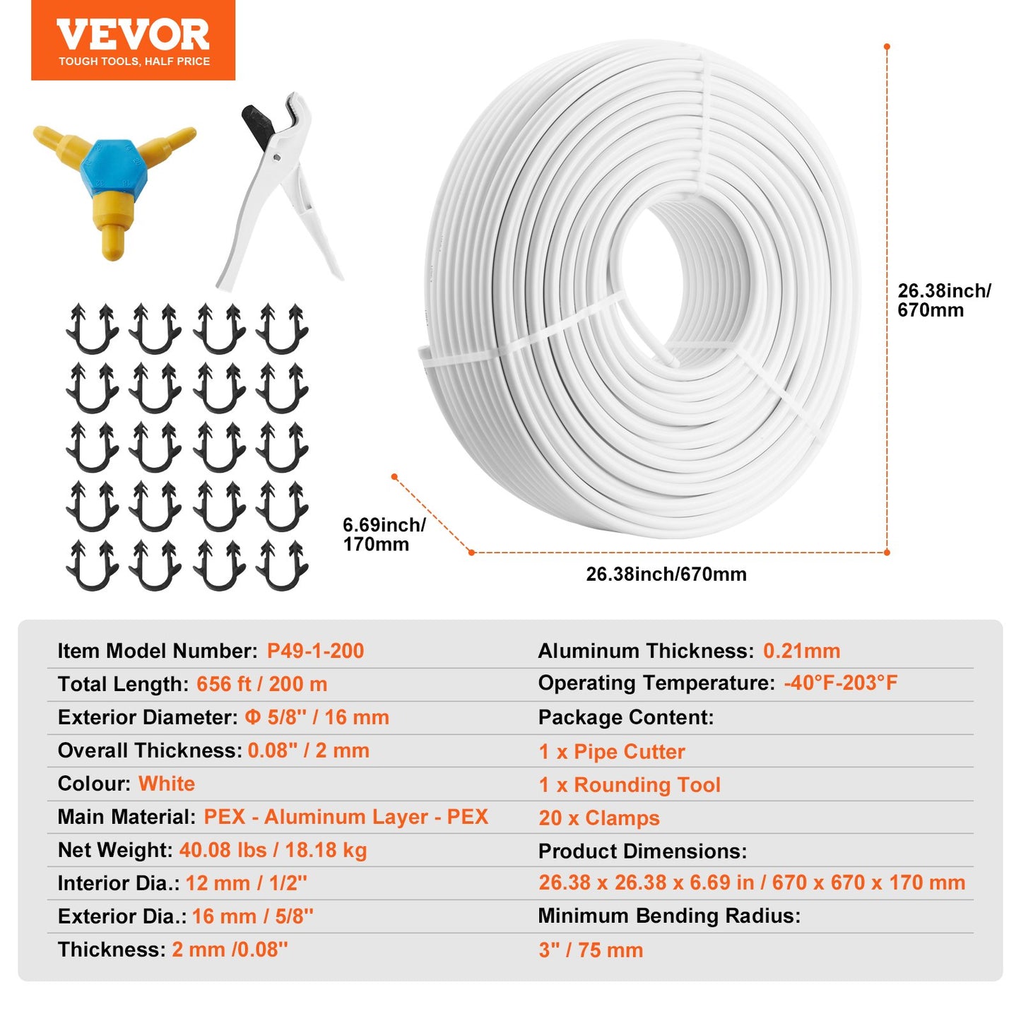 PEX-AL-PEX-rör, 200 m, 16 mm diameter aluminium-plastkompositrör Syrebarriär Värmegolv PEX-rör, 2 mm tjocklek Värmegolv VVS Inre aluminiumlager PEX-slang Rör