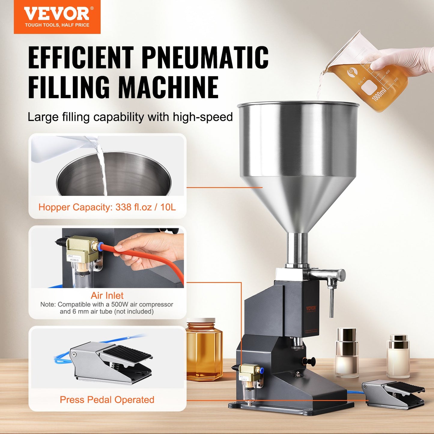 Pneumatic Paste Liquid Filling Machine, 5-50ml Bottle Filler, Bottle Filling Machine, Stainless Steel Liquid Filler with Pedal for Milk Water Juice Essential Oil Shampoo Cosmetic Honey Lotion