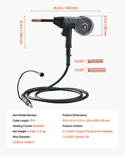 200A spolpistol med 10FT kabel, kompatibel med W Weldpro MlG200GDsv200 och MIG155GD svetsar, lämplig för 0,030" och 0,035" flusstråd/solid/aluminiumsvetstråd