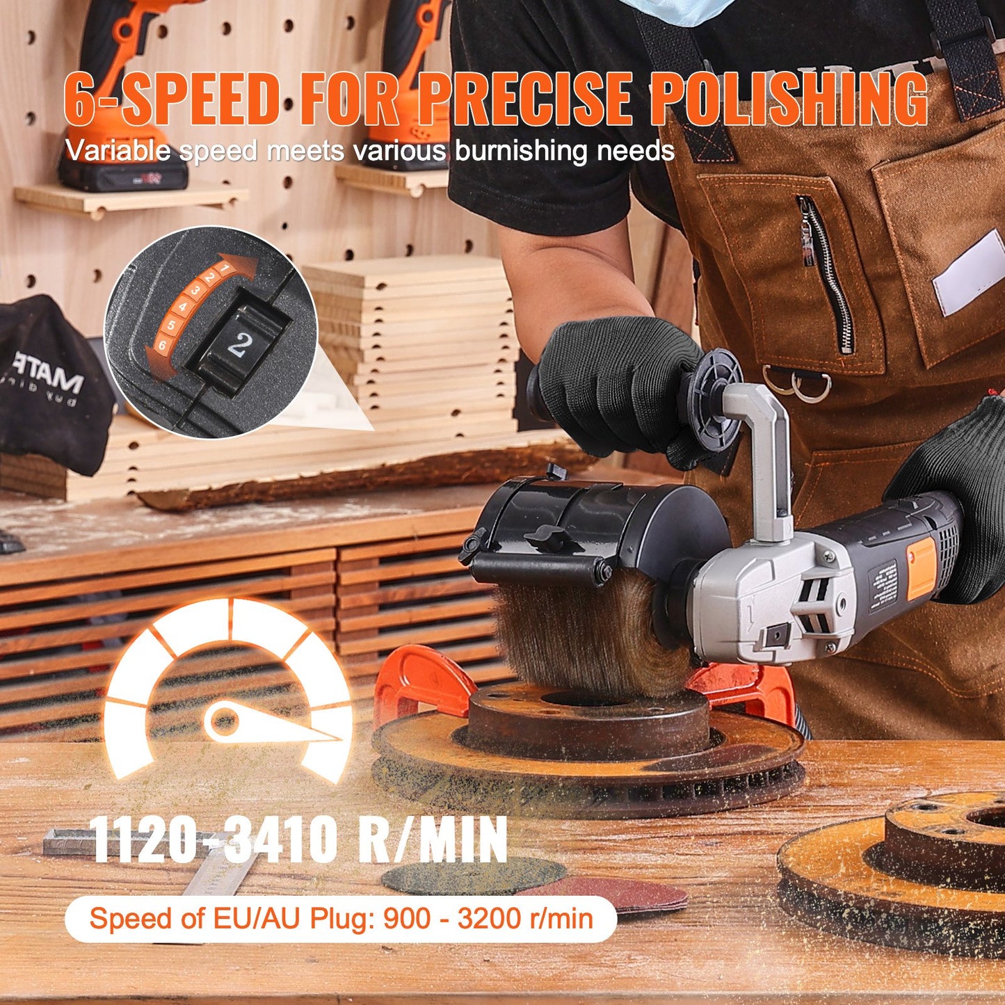 Poleringsmaskin, 1300W 6 varvtalsvariabel ytbehandlingsverktyg, handhållen elektrisk metallpoleringsmaskin med ståltrådspoleringsskiva för rostfritt stål, metall