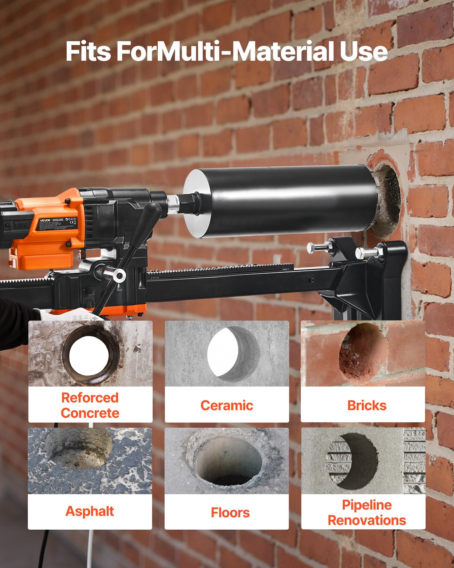 Diamantkärnborrmaskin, 20–254 mm borrdiameter, stativmonterad torr- och våtkärnborrrigg för betong med 10 bits, 535/920 varv/min 2-växlad, UNC1 1/4-7 gänga, för betong och tegelsten, 2500 W