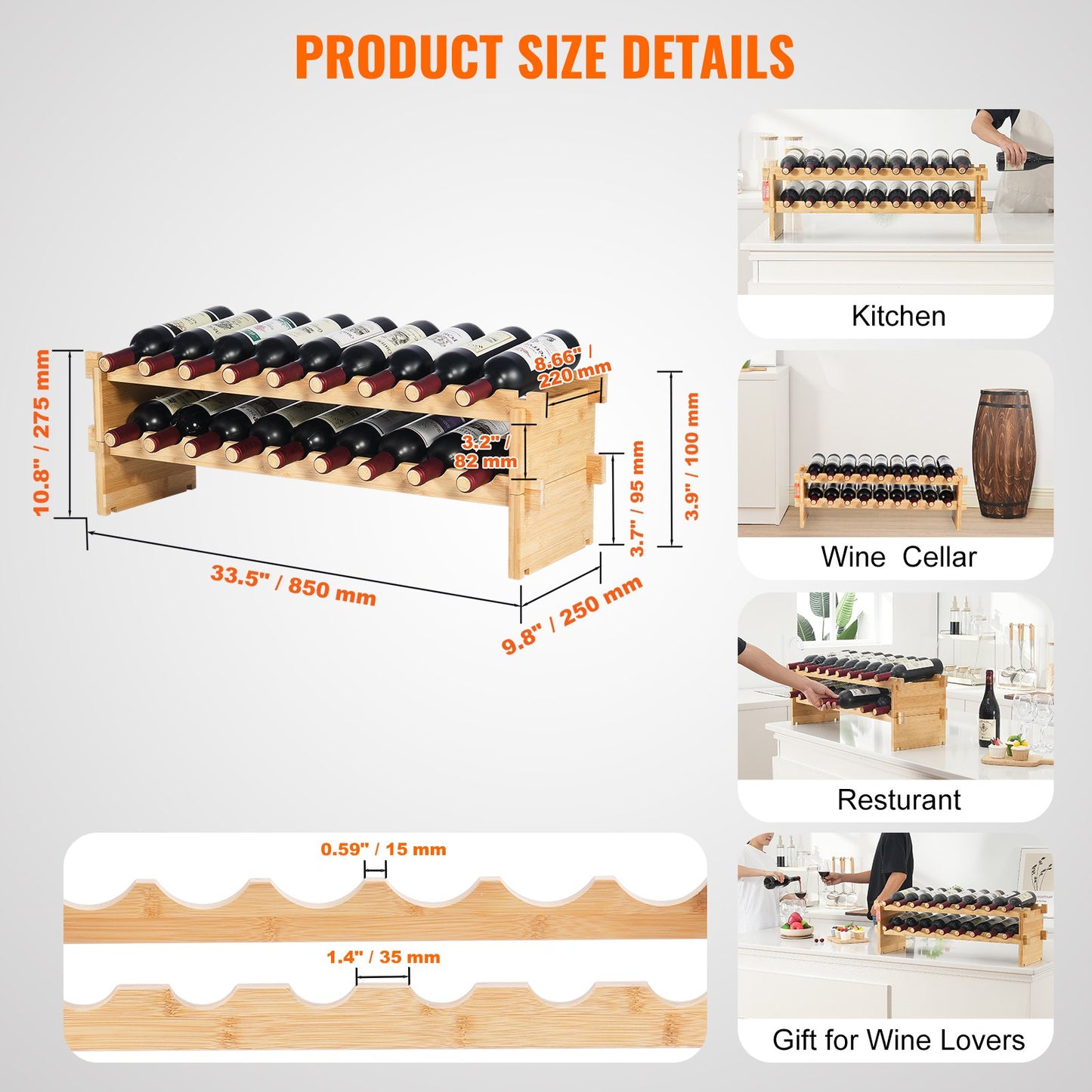 18 Bottle Stackable Modular Wine Rack, 2-Tier Solid Bamboo Wood Storage Racks, Floor Freestanding Wines Holder Display Shelf, Wobble-Free Shelves for Kitchen, Bar, and Cellar (Natural Color)