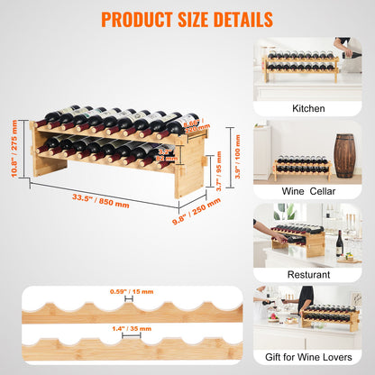 18 Bottle Stackable Modular Wine Rack, 2-Tier Solid Bamboo Wood Storage Racks, Floor Freestanding Wines Holder Display Shelf, Wobble-Free Shelves for Kitchen, Bar, and Cellar (Natural Color)