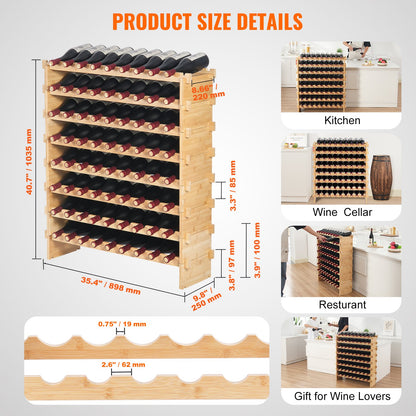 Uppgraderad modulär vinhylla för 72 flaskor, kontinuerlig förvaring av Pinot-flaskor, förvaringsställ i bambu med 8 våningar, fristående vinhållare på golvet, vingelfria hyllor för köksbar, vingelfria hyllor för källare