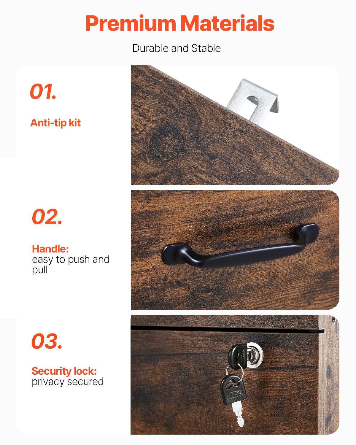 Skåp med 3 lådor och lås, vertikala arkivskåp för hemmakontor, kraftigt låsbart skåp med justerbar upphängningsstång i 2 nivåer för A4/Letter/Legal-pärmar, enkel montering