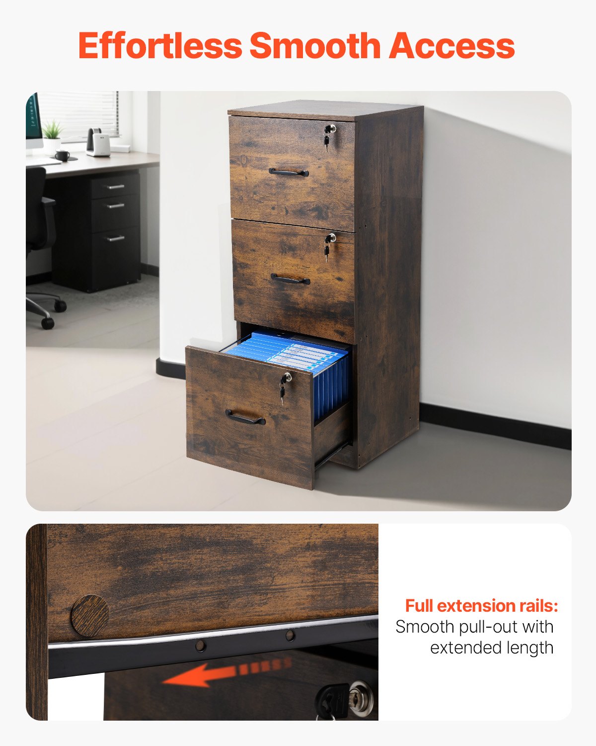 Skåp med 3 lådor och lås, vertikala arkivskåp för hemmakontor, kraftigt låsbart skåp med justerbar upphängningsstång i 2 nivåer för A4/Letter/Legal-pärmar, enkel montering