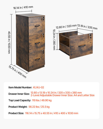 Skåp med 3 lådor och lås, vertikala arkivskåp för hemmakontor, kraftigt låsbart skåp med justerbar upphängningsstång i 2 nivåer för A4/Letter/Legal-pärmar, enkel montering