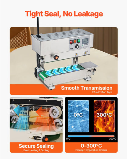 Continuous Bag Band Sealing Machine, 0.24-0.47 in/6-12 mm Seal Width, Vertical Band Sealer Machine with Digital Temperature Control, Stainless Steel Bag Sealer for 0.02-0.8 mm Plastic Bags Films