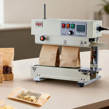 Kontinuerlig påsbandsförslutningsmaskin, 6-12 mm förseglingsbredd, vertikal bandförslutningsmaskin med rulltryck, temperatur- och hastighetsjusterbar, värmeförslutningsmaskin för 0,03-0,8 mm plastpåsar