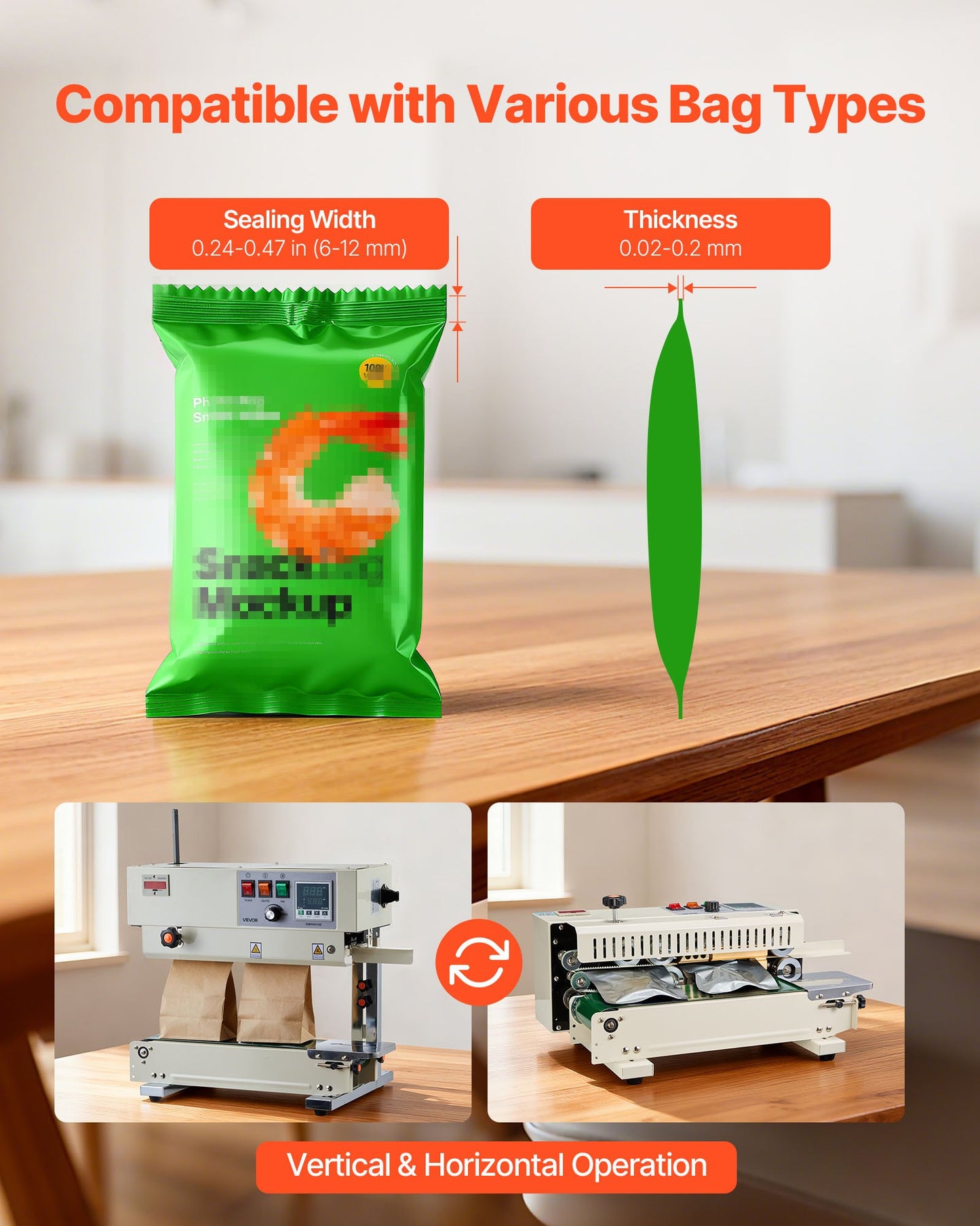 Kontinuerlig påsbandsförslutningsmaskin, 6-12 mm förseglingsbredd, vertikal bandförslutningsmaskin med rulltryck, temperatur- och hastighetsjusterbar, värmeförslutningsmaskin för 0,03-0,8 mm plastpåsar