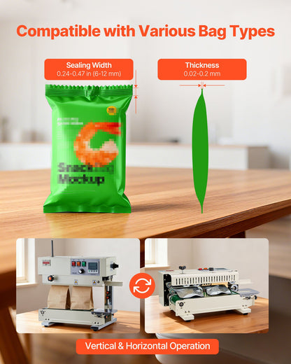 Kontinuerlig påsbandsförslutningsmaskin, 6-12 mm förseglingsbredd, vertikal bandförslutningsmaskin med rulltryck, temperatur- och hastighetsjusterbar, värmeförslutningsmaskin för 0,03-0,8 mm plastpåsar